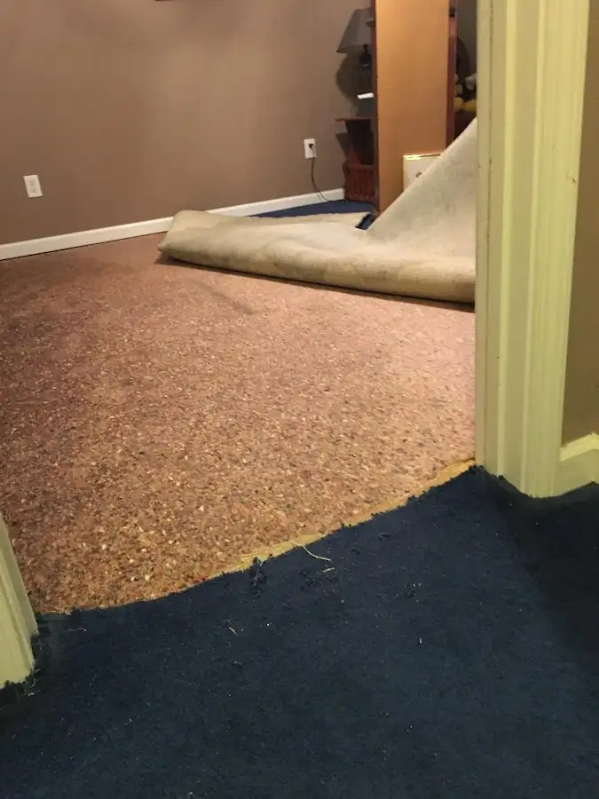 Carpet pad removal revealing water damage during Water Mitigation Services in Las Cruces
